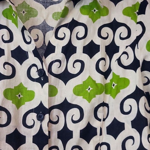 DAVID BROOKS Black Green Beige Linen Artsy V-Neck 3/4 Sleeve Blouse - Picture 4 of 11